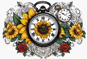 Sunflower, roses, witchy, 3 pocket watches, celestial, tattoo idea