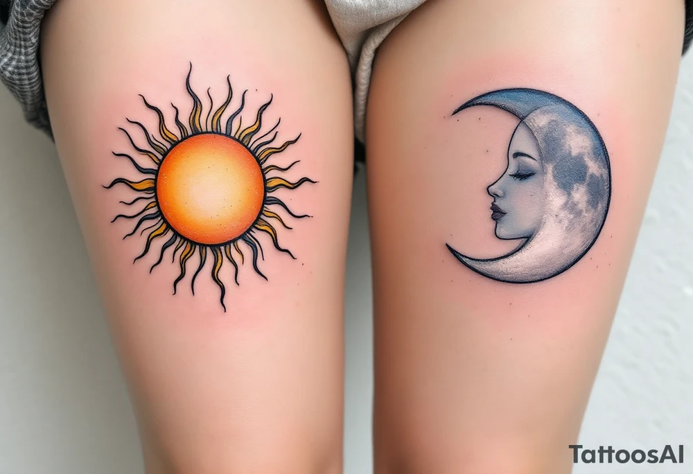 One partner wears a sun in warm orange and gold tones, while the other has a silver moon in pale blues and grays, both facing each other. tattoo idea