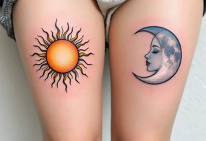 One partner wears a sun in warm orange and gold tones, while the other has a silver moon in pale blues and grays, both facing each other. tattoo idea