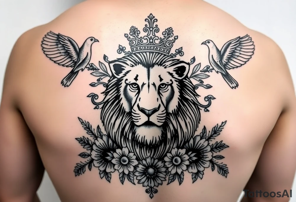 powerful majestic lion with a crown, surrounded by floral ornaments and birds tattoo idea