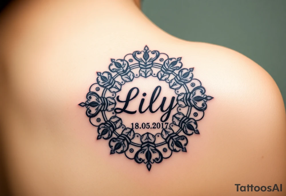 A mandala-inspired clock design, with intricate patterns forming around the child’s name "Lily" and date "18. 05. 2017", in black and gold for a timeless look tattoo idea