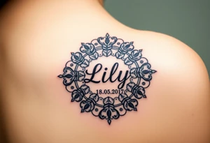 A mandala-inspired clock design, with intricate patterns forming around the child’s name "Lily" and date "18. 05. 2017", in black and gold for a timeless look tattoo idea