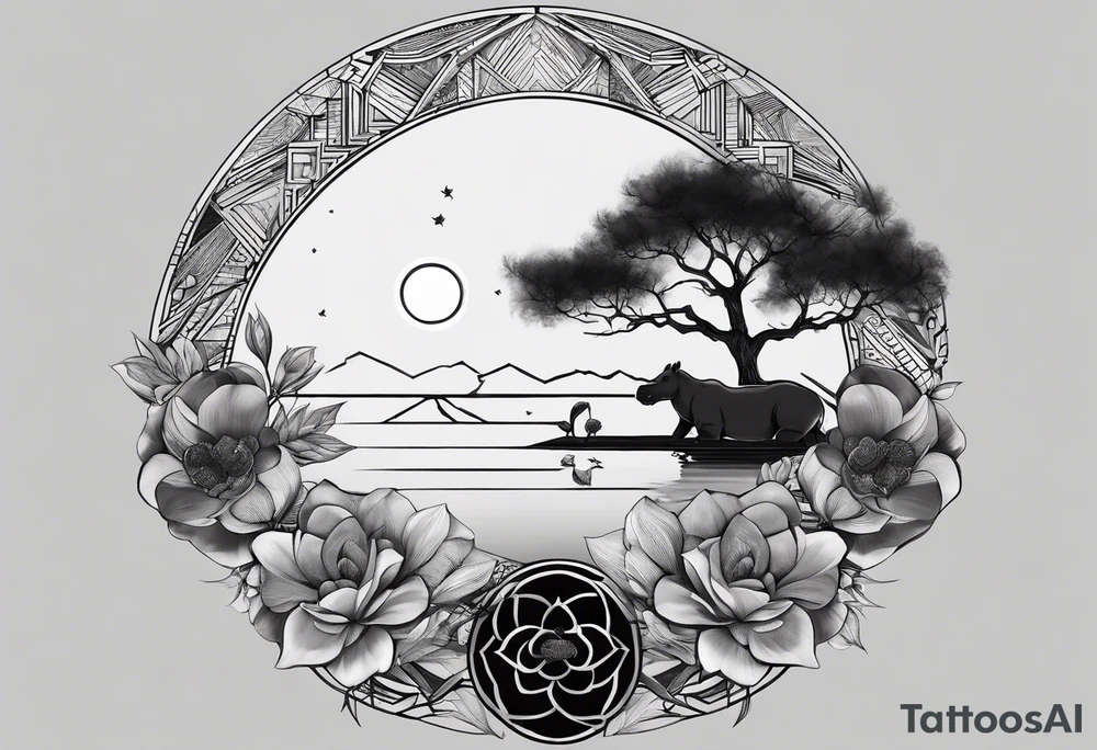 Very asymmetrical, +geometric pattern, with realistic full moon, with hippo at side look, +tribal, +geometric, +inkart , +blackwork, +grey scale, + sketch
with wintersweet flower bud, +inkart touch, +for men, detailed , combined favourite tattoo idea