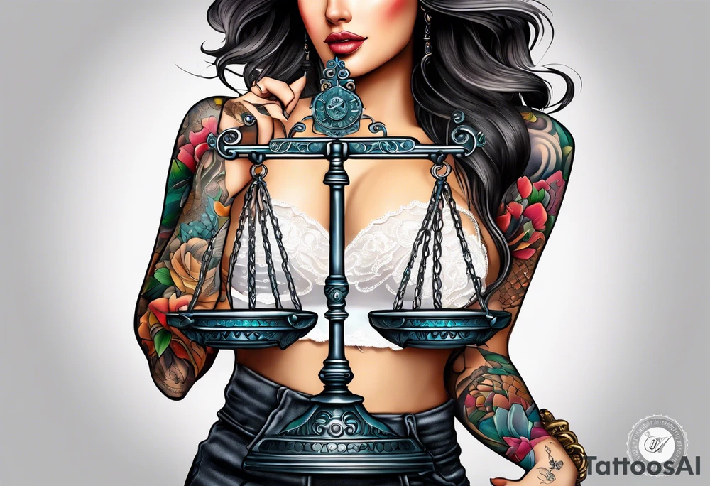 Intricate libra scales held by a beautiful woman tattoo idea