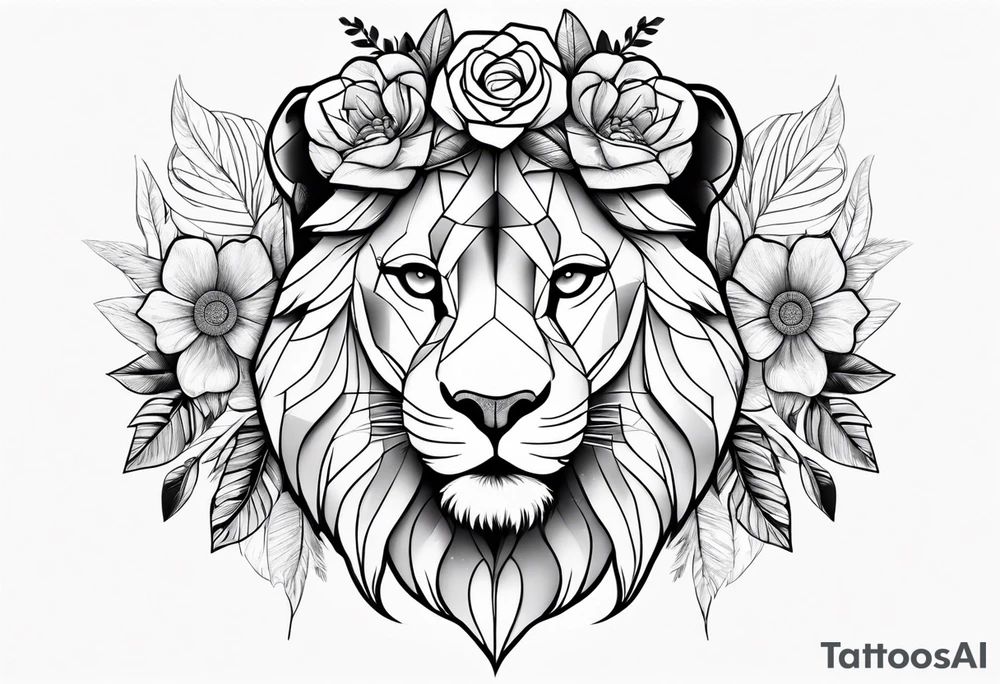 Beautiful lioness with necklace and a flower headband tattoo idea