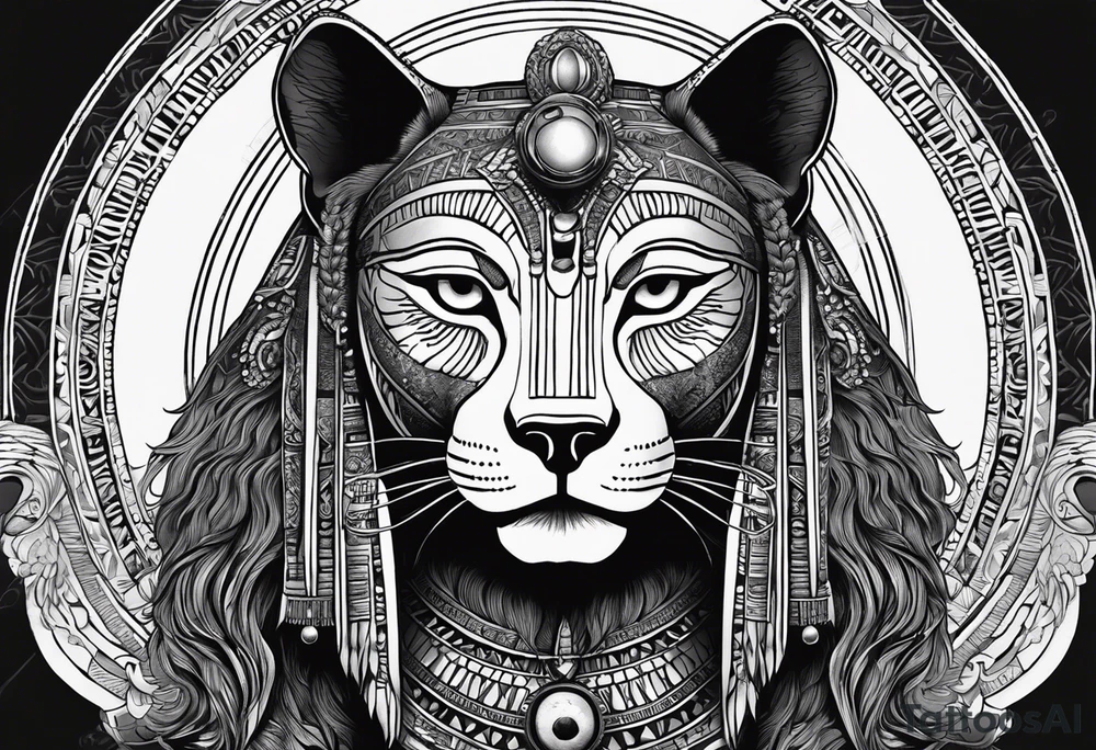 Ancient Egyptian goddess sekhmet, lioness head with black sun disk above her head and woman's body. She looks straight ahead and ready for battle looking fearless and powerful holding an ankh in one hand and a papyrus sceptre in another, she has long hair flowing tattoo idea