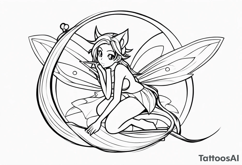 A fairy with a tail inspired by the logo of the show called Fairy Tail in a fetal position leaning in no additional ears or background tattoo idea