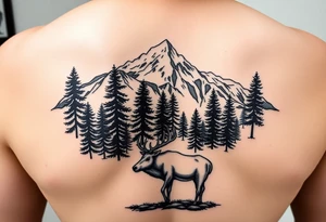 mountain scene with evergreen trees and foreground bull elk at base tattoo idea