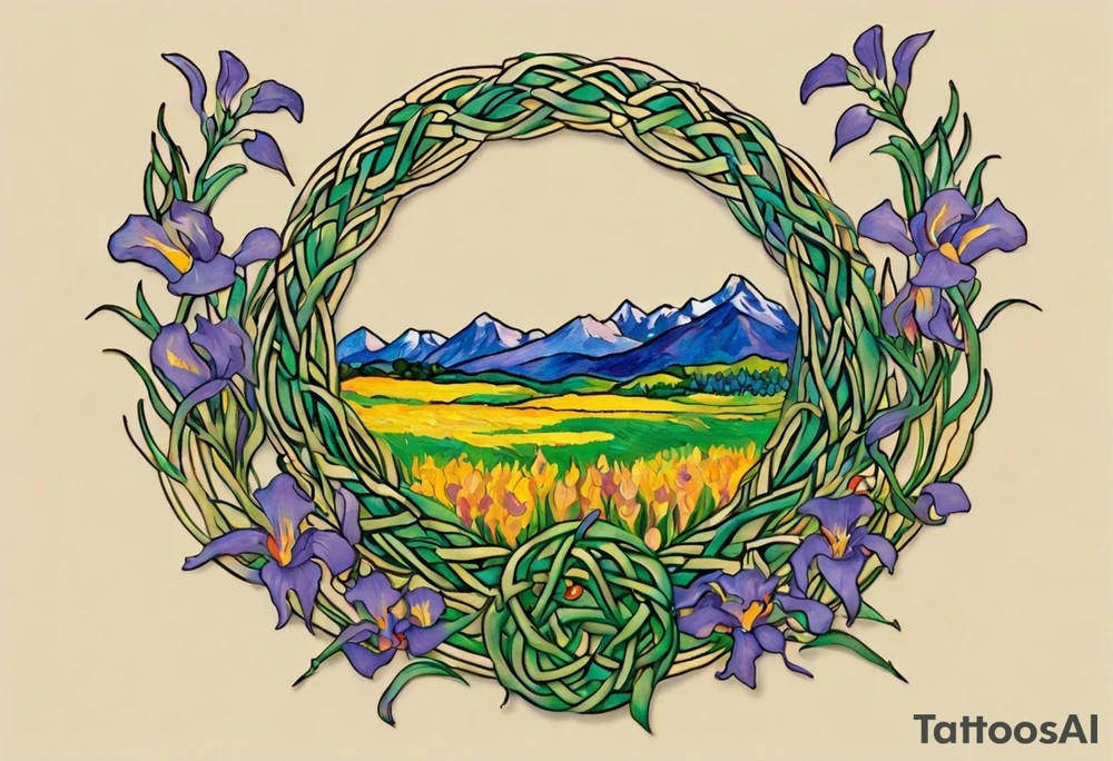 Create a small colorful Vincent van Gogh Irises tattoo in the form of a crescent, with vines or Celtic knots gracefully intertwining at a central point in the middle of the wreath.  In the middle of the wreath are mountains and other items found in New Mexico. Ensure that the design avoids the appearance of a bush and maintains a more structured and deliberate arrangement. The intended placement is on the upper chest. The overall design should be small in size while maintaining a delicate and artistic aesthetic. Pay attention to the graceful flow of the vines and the placement of the irises to achieve a refined and elegant look. tattoo idea