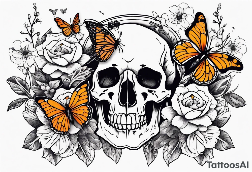 rib bones with flowers surrounding it and butterflies tattoo idea