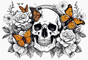 rib bones with flowers surrounding it and butterflies tattoo idea