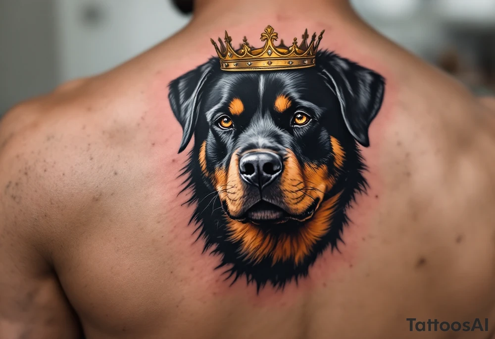 Rottweiler with Crown – A proud black and tan Rottweiler wearing a worn gold crown, symbolizing loyalty and strength. Hyper-realistic fur texture with warm amber eye details. tattoo idea