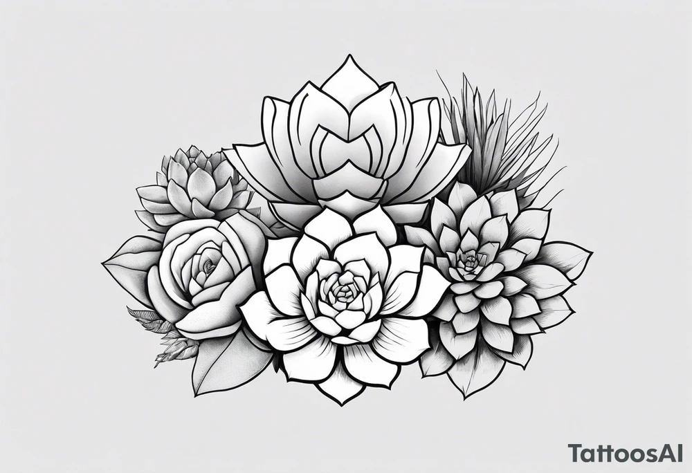 fine line one big succulent in the middle. Two smaller succulents on the side. Dogs and floral
. Sternum tattoo grey scale shading tattoo idea