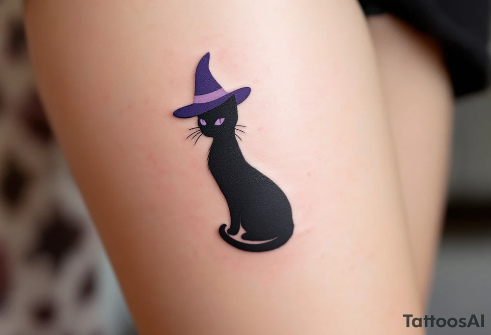 Witch’s Familiar Cat Silhouette – A sitting black cat silhouette with subtle purple eyes and a pointed witch hat in dusty violet. tattoo idea