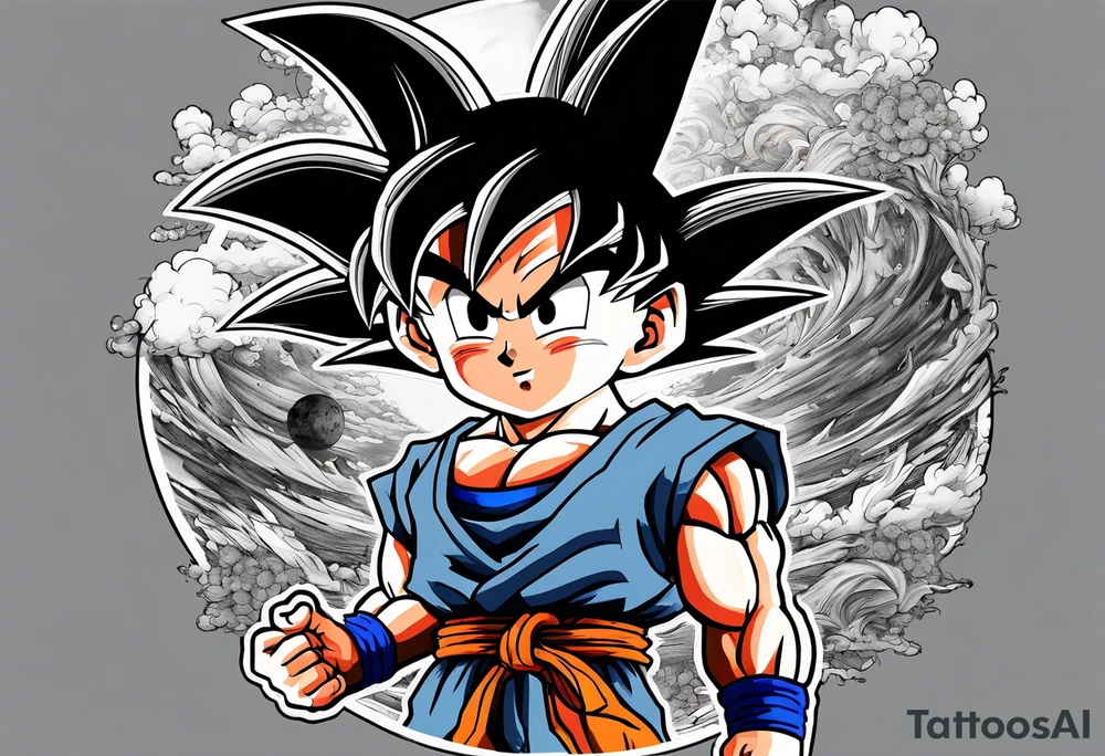 Son-Goku as a child in the foreground and an older version of him as a super saiyajin behind him. A huge dragonball surrounds the whole story tattoo idea