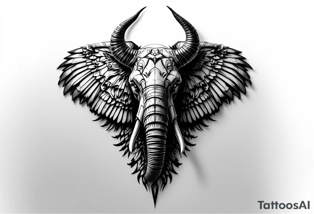 A hieroglyphic, detailing an African elephant with horns and wings that resemble that are a falcons tattoo idea