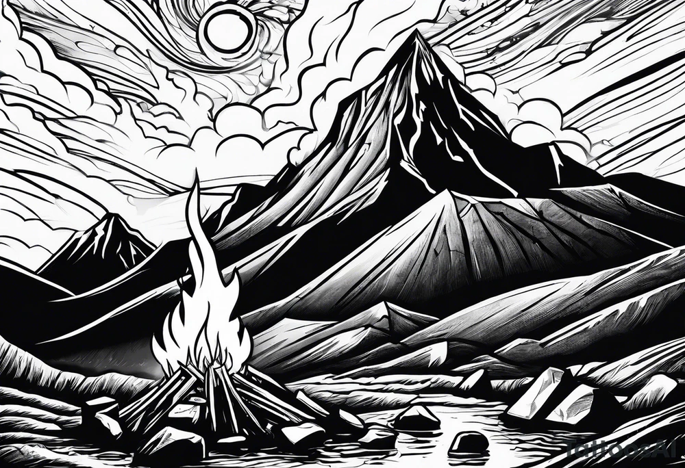 small camp fire at the base of a mountain tattoo idea