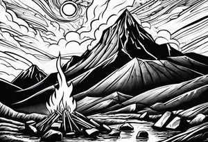 small camp fire at the base of a mountain tattoo idea
