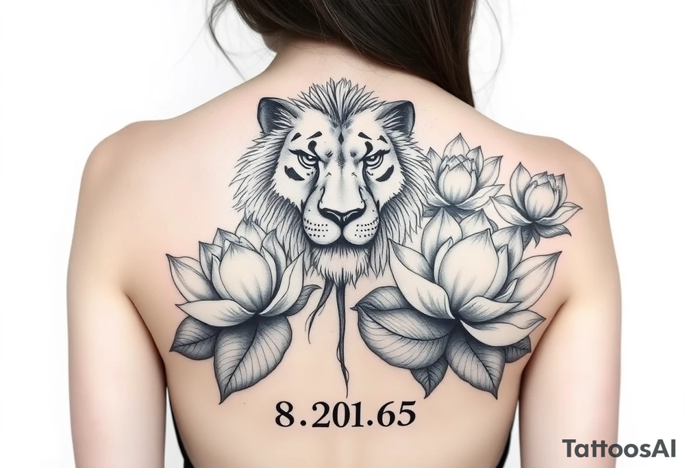 lion face as one of the lotus flowers then the rest blooming lotus flowers in mist with the date 8/20/65 for sleeve tattoo idea