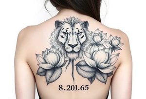 lion face as one of the lotus flowers then the rest blooming lotus flowers in mist with the date 8/20/65 for sleeve tattoo idea
