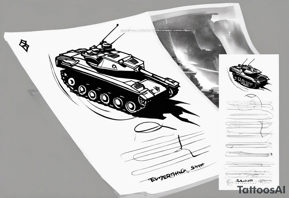 Small to medium sized tattoo of a halo 3 scorpion tank. Make sure you use the actual design of the halo 3 tank. Have the tank trampling over the word "everything" in the halo 3 font. Add the text word 'everything' to the bottom tattoo idea
