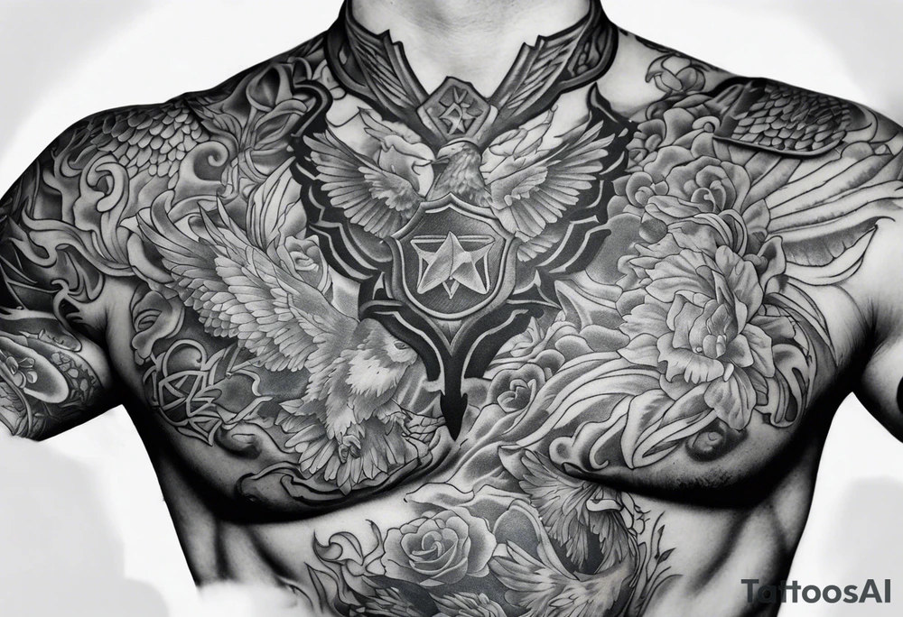 Chest tattoo that looks like my skin is being ripped off to reveal an Army uniform under it. tattoo idea