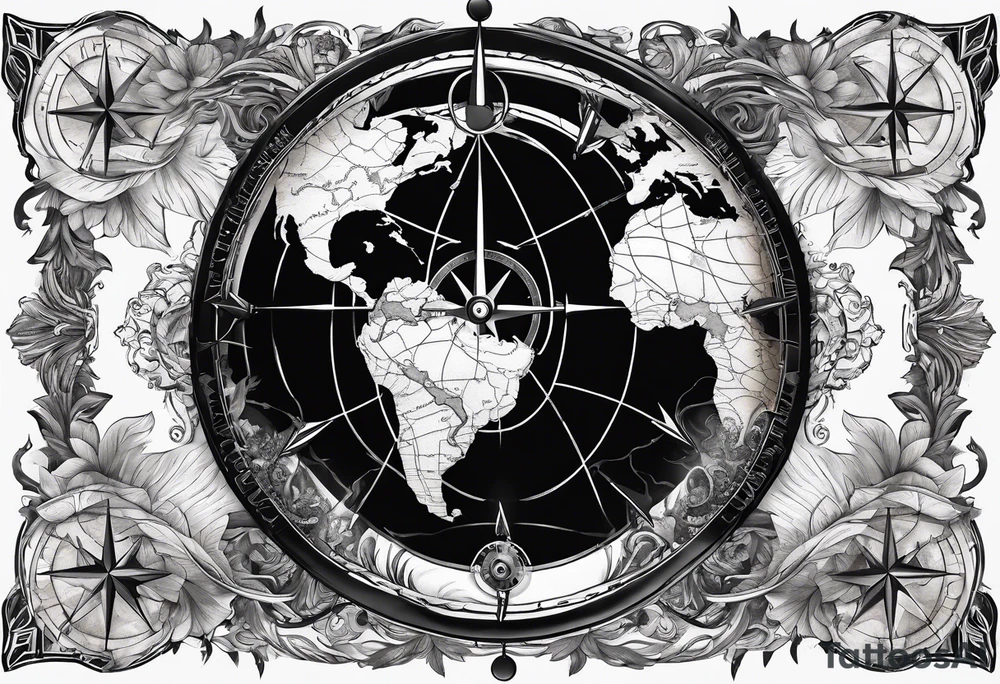 world map with a compass for a full arm tattoo idea