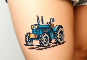 A detailed blue tractor with headlights glowing, standing proudly on a freshly tilled farm field. tattoo idea