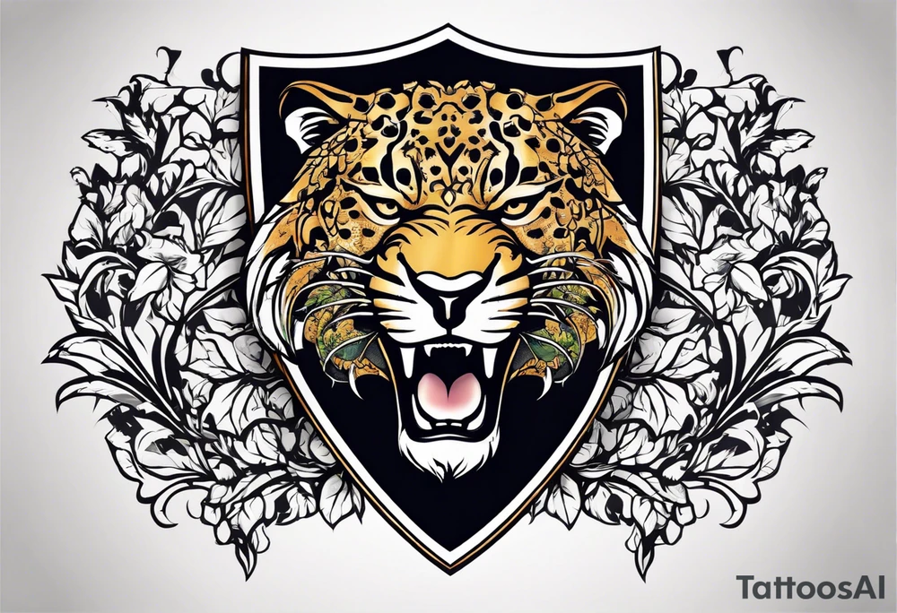 A shield with leopar head as shield's emblem. The shield would be hang on a ivy planted wall tattoo idea