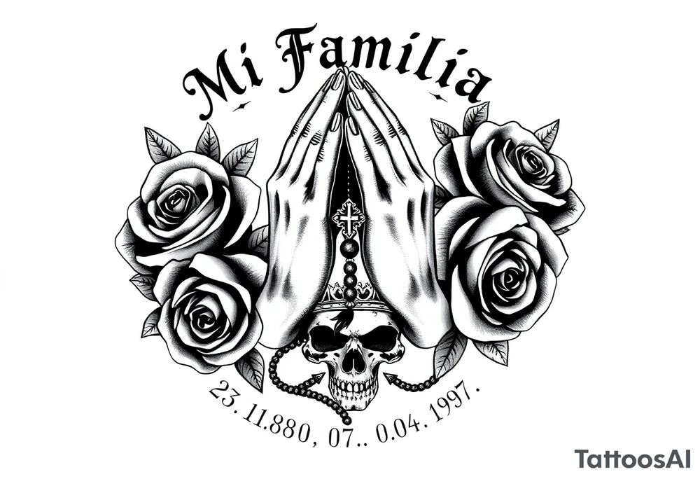 Black and grey gang style tattoo design. Centered praying hands with a rosary, surrounded by three realistic roses. Above the hands, gothic text saying 'Mi Familia'. Below each rose, a date in this order: '23.06.1980', '30.12.1946', '07.04.1979'. Add a crowned skull subtly in the background, symbolizing loyalty after death. Chicano tattoo style, fine shading, no color tattoo idea