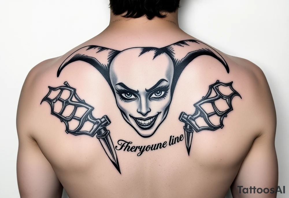 powerful Harley Quinn inspired piece using the quote or based of the idea of the quote “everyone has a stranger inside them” representing madness and genius, light and dark, good and evil tattoo idea