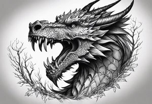 Fierce dragon, skull, tree line, momento mori tattoo idea