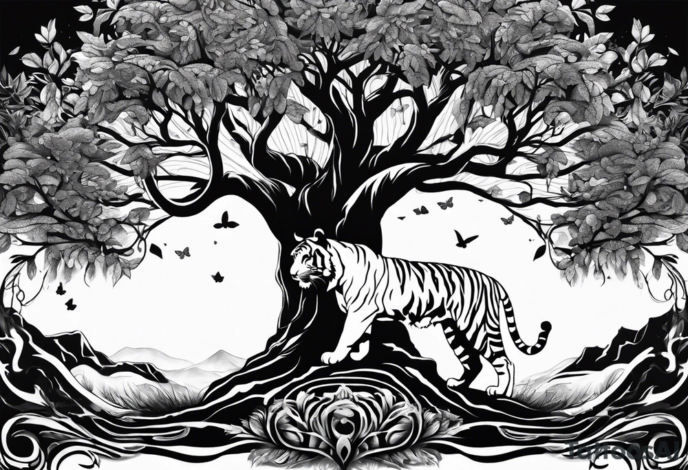 Tree of life with the roots going into a tigers stripes tattoo idea
