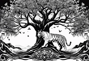 Tree of life with the roots going into a tigers stripes tattoo idea