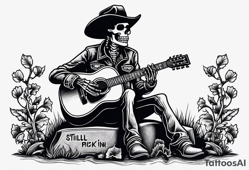 A skeleton with a cowboy hat on playing the guitar while sitting on a gravestone engraved with the words "Still Kickin'" and a pair of cowboy boots. The skeleton should be all bones and the sole should be more similar to a flash tattoo tattoo idea