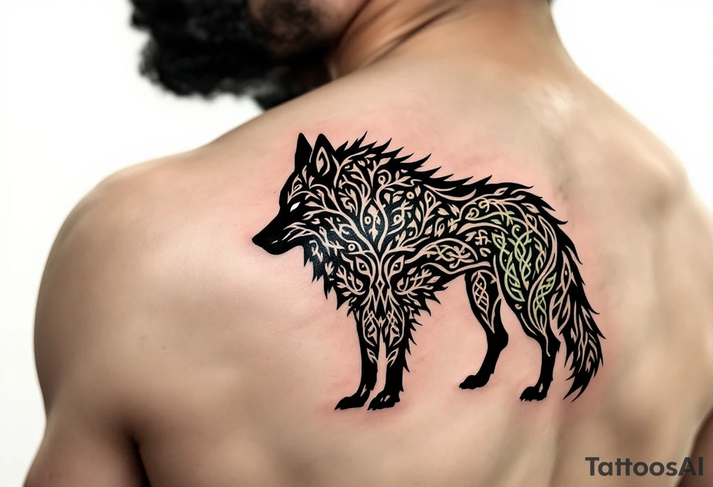 Wolf with Celtic Tree of Life – The silhouette of a black wolf filled with green-and-gold Tree of Life patterns and root knotwork. tattoo idea