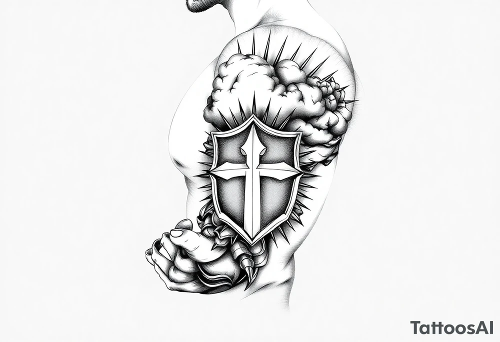 Half sleeve. powerful, cloud, shield, cross, sun rays tattoo idea