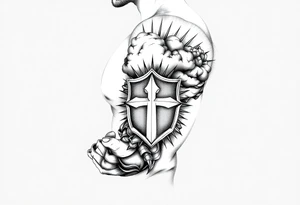 Half sleeve. powerful, cloud, shield, cross, sun rays tattoo idea