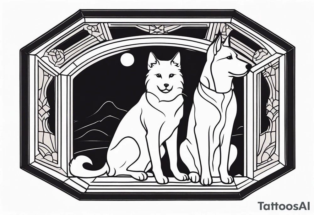 dog and cat sitting on floor and looking out octagonal window together
american traditional style tattoo idea