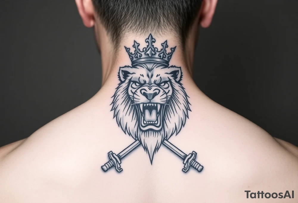 Fierce lion roaring, crown tilted, crossed swords framing its head. tattoo idea