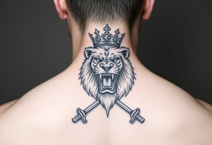 Fierce lion roaring, crown tilted, crossed swords framing its head. tattoo idea