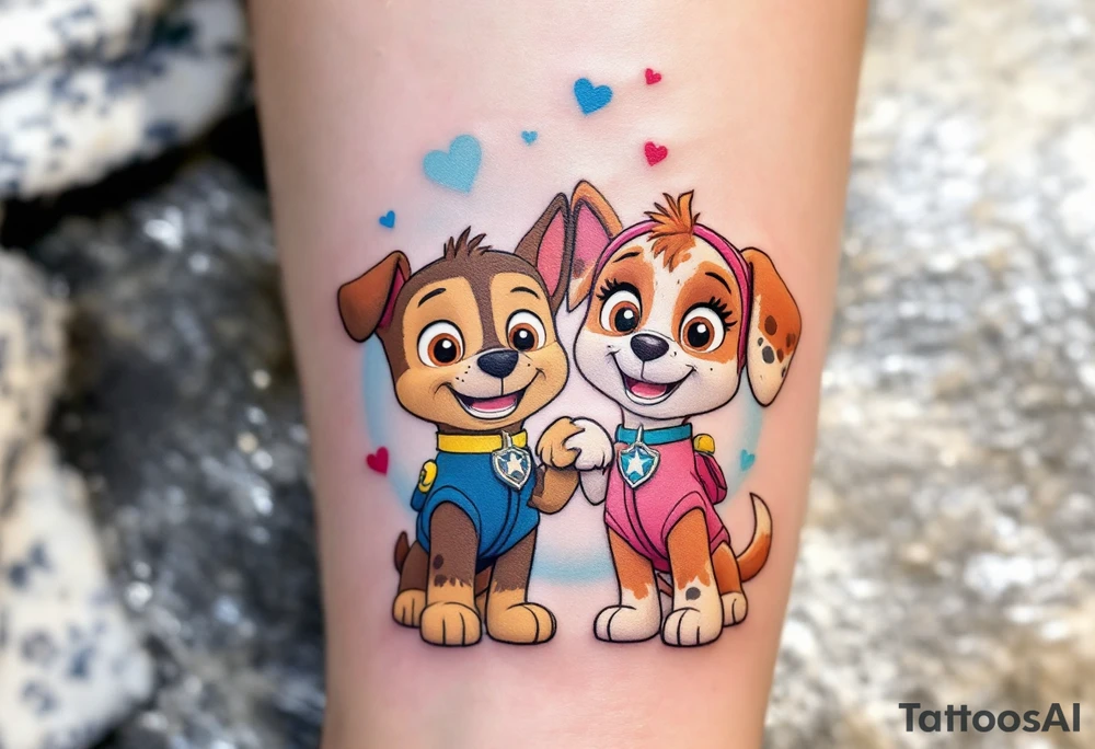Chase and Skye from Paw Patrol standing side by side, with their paws intertwined in a symbol of teamwork. The background has a light sky blue and soft pink gradient with subtle hearts floating around them. tattoo idea