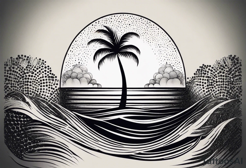palm tree front of a sun and waves tattoo idea