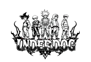 the word underdog in a with 3 anime characters Goku  and Naruto and ippo the boxig anime one standing in the middle one standing on the right and one standing on the left
 above the word tattoo idea