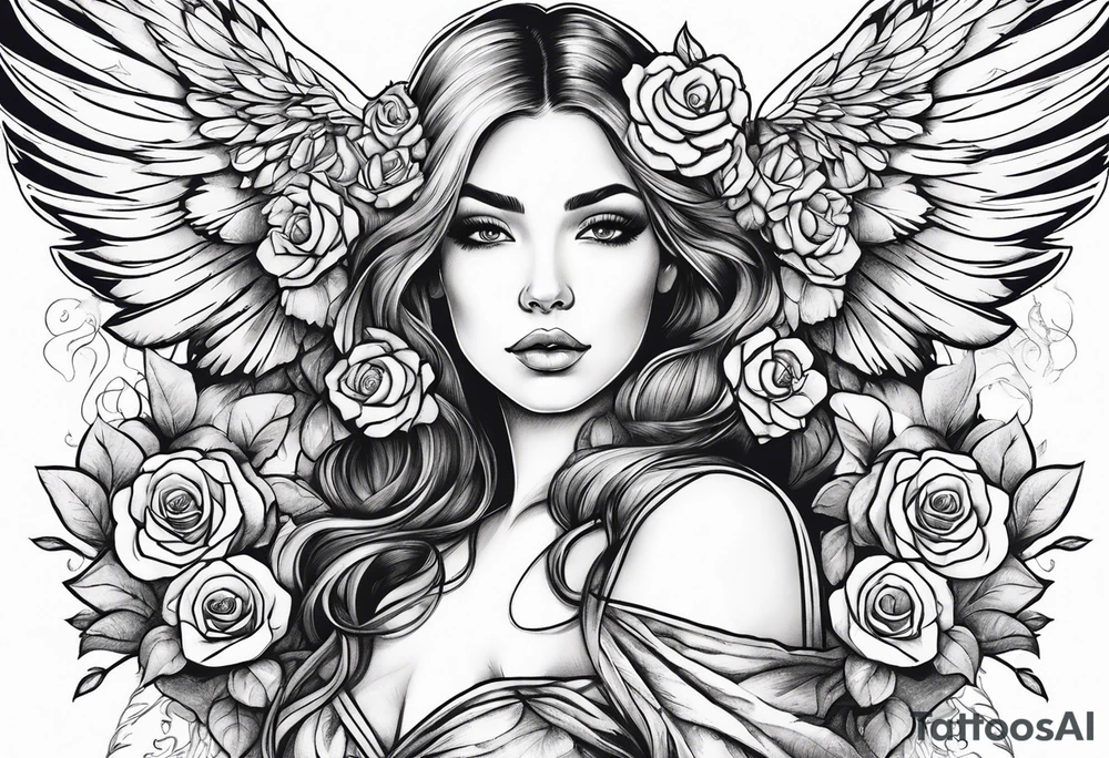 Beautiful woman angle with wings standing surrounded by roses tattoo idea