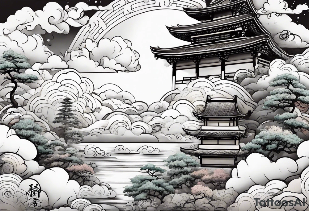 2 children playing together in japanese clouds tattoo idea