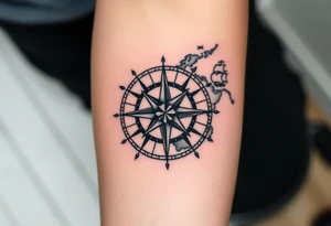 antique compass rose overlaid on weathered world map with sailing ships tattoo idea