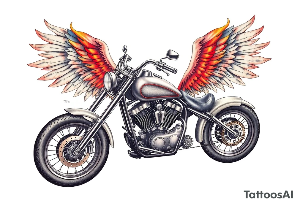Low rider grey motorcycle, flames, angel wings tattoo idea