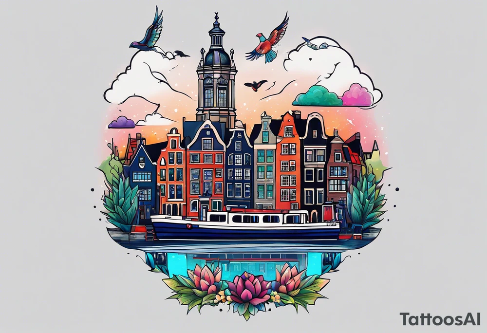 Tattoo of animals in Amsterdam featuring Amsterdam buildings and canal in galaxy colours featuring glass featuring woodland critters and birds and featuring pineapples tattoo idea