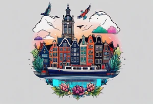 Tattoo of animals in Amsterdam featuring Amsterdam buildings and canal in galaxy colours featuring glass featuring woodland critters and birds and featuring pineapples tattoo idea